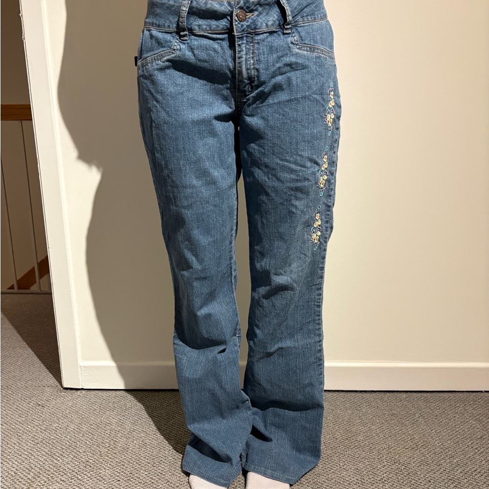 Mint Blue Flared Jeans with Side Floral Embroidery